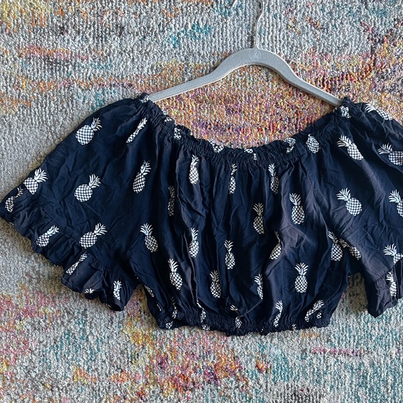 Navy and White Pineapple Graphic Off the Shoulder Crop Top, Medium - Picture 2 of 4